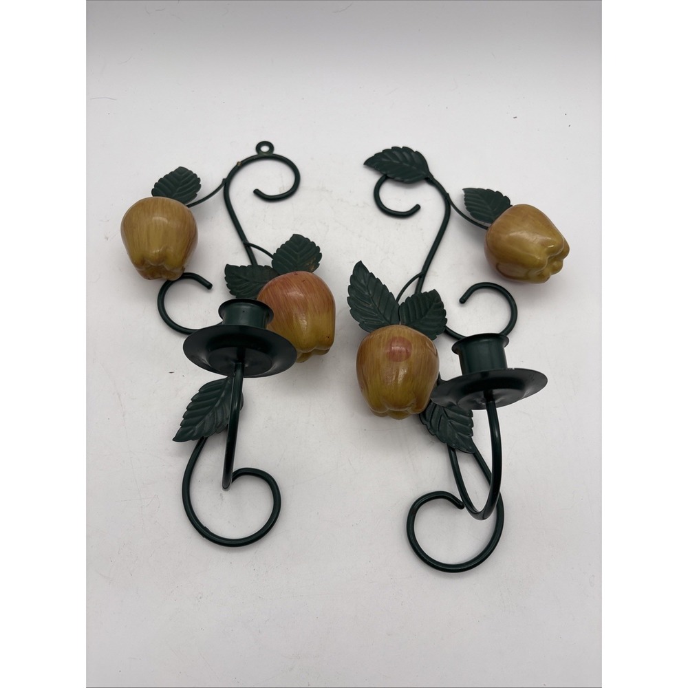 Vintage Home Interiors Apple Wall Sconce Set of 2! Green Metal Candle Holders.